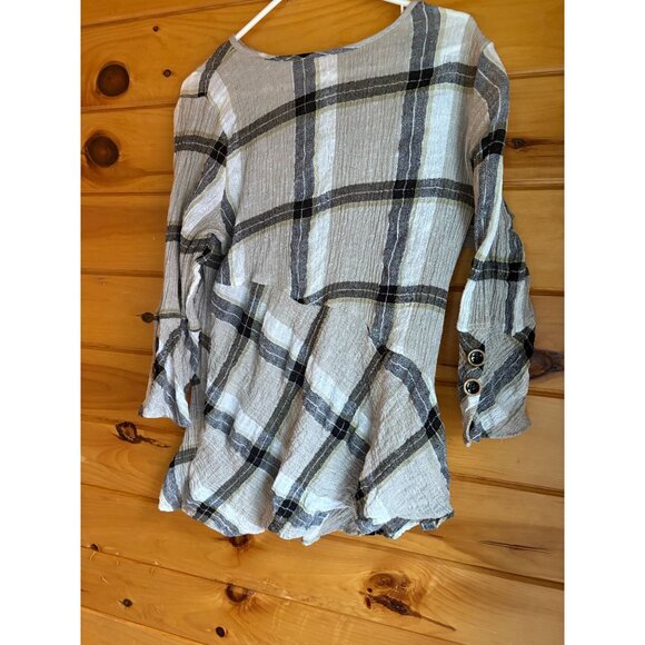 Habitat Womens Plaid Textured Linen Blend Top Size L Asymmetric Hem Long Sleeve - Picture 1 of 12